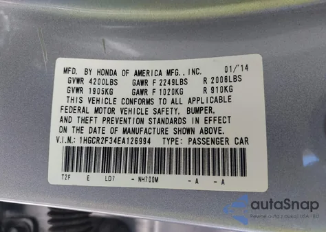 2014 Honda Accord Lx z USA, uszkodzony, nr VIN 1HGCR2F34EA126994